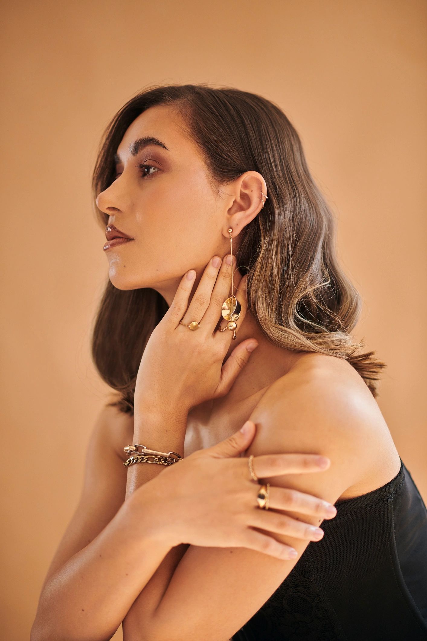 A portrait of a beautiful woman with flowing hair wearing jewellery