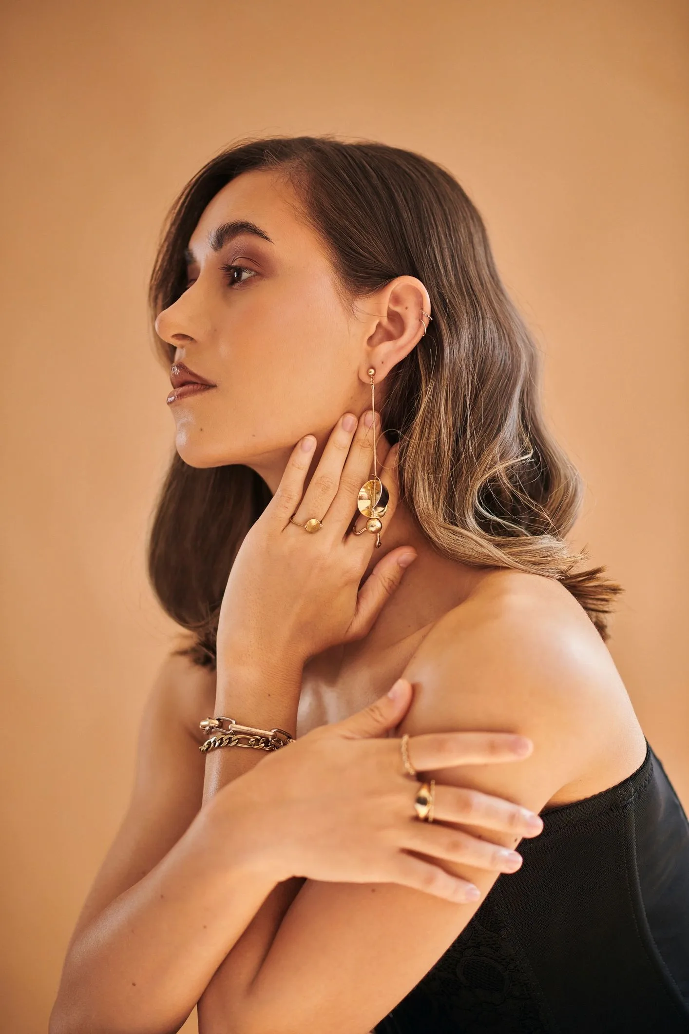 A portrait of a beautiful woman with flowing hair wearing jewellery