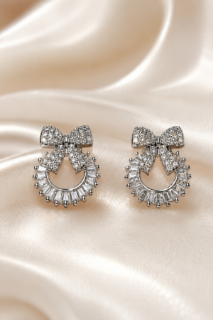 Silver-Tone Crystal Bow Drop Earrings