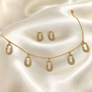 Gold-Tone Oval Charm Necklace and Earrings Set