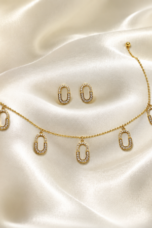 Gold-Tone Oval Charm Necklace and Earrings Set