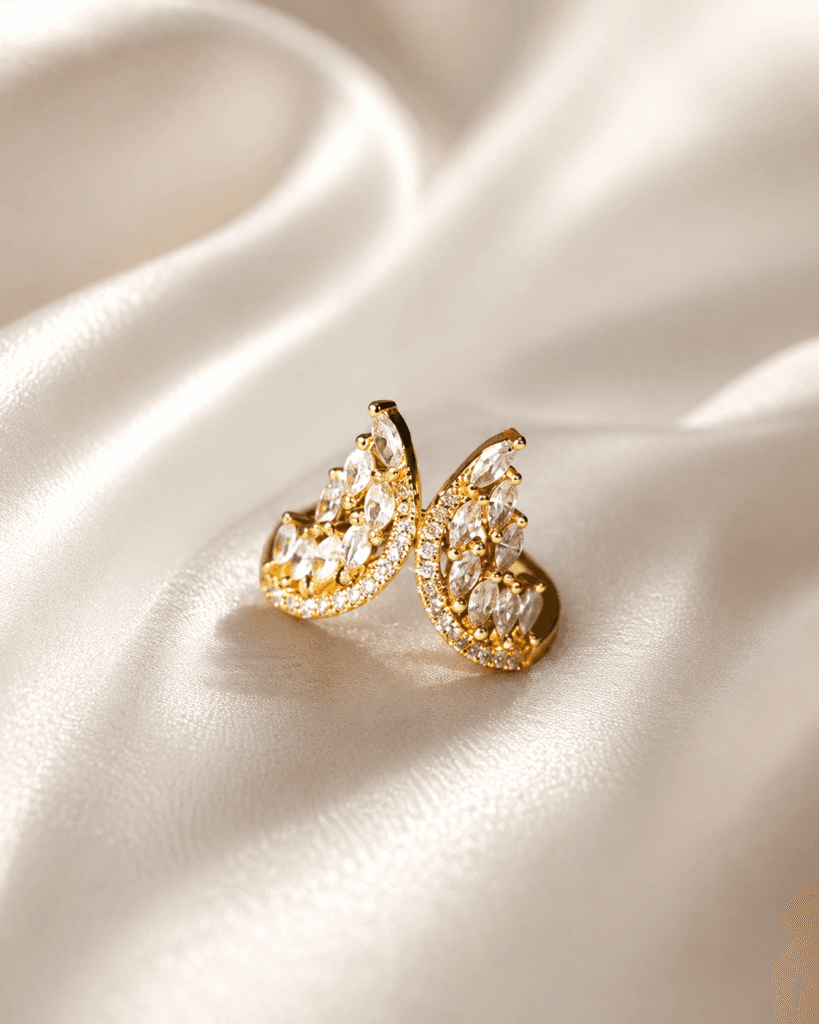 Zeiya Aurelia Crystal Leaf Ring layered with other rings